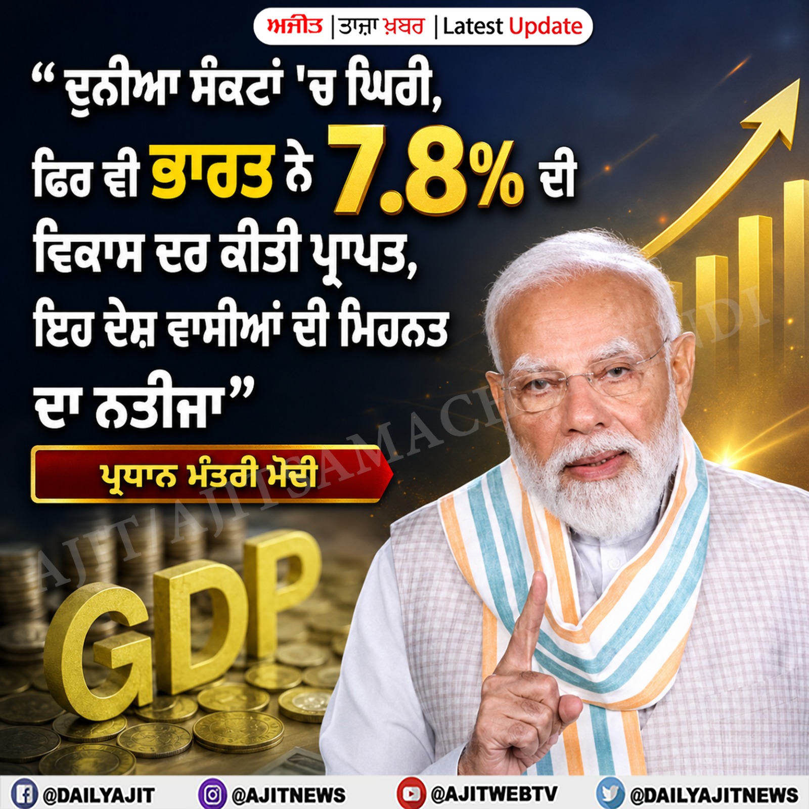 ਵਿਸ਼ਵ ਸੰਕਟ ਦੌਰਾਨ ਭਾਰਤ ਨੇ 7.8% ਆਰਥਿਕ ਵਿਕਾਸ ਦਰ ਕੀਤੀ ਪ੍ਰਾਪਤ, ਇਹ ਭਾਰਤੀਆਂ ਦੀ ਸਖ਼ਤ ਮਿਹਨਤ ਦਾ ਨਤੀਜਾ- ਪ੍ਰਧਾਨ ਮੰਤਰੀ ਮੋਦੀ