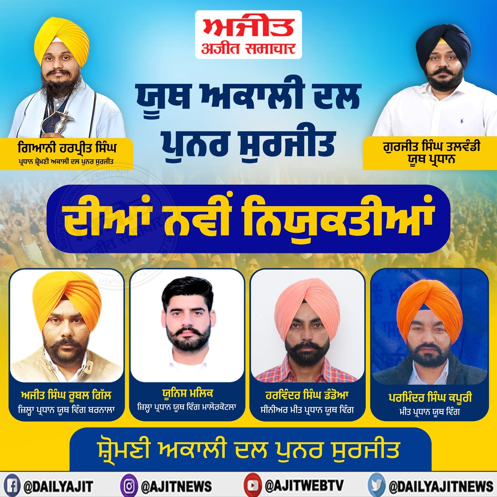 ਸ਼੍ਰੋਮਣੀ ਅਕਾਲੀ ਦਲ (ਪੁਨਰ ਸੁਰਜੀਤ) ਦੇ ਯੂਥ ਪ੍ਰਧਾਨ ਗੁਰਜੀਤ ਸਿੰਘ ਤਲਵੰਡੀ ਵਲੋਂ ਯੂਥ ਵਿੰਗ ਵਿਚ ਨਵੀਆਂ ਨਿਯੁਕਤੀਆਂ
