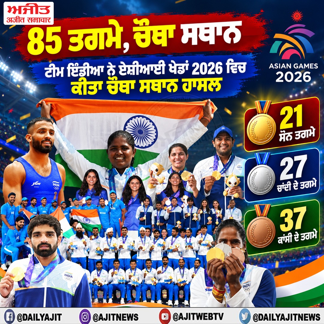 ਟੀਮ ਇੰਡੀਆ ਨੇ 85 ਸ਼ਾਨਦਾਰ ਤਗਮਿਆਂ ਨਾਲ ਏਸ਼ੀਆਈ ਖੇਡਾਂ 2026 ਵਿਚ ਚੌਥਾ ਸਥਾਨ ਕੀਤਾ ਹਾਸਲ
