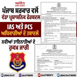 ਪੰਜਾਬ ਸਰਕਾਰ ਵਲੋਂ ਵੱਡਾ ਪ੍ਰਸ਼ਾਸਨਿਕ ਫੇਰਬਦਲ, ਆਈ.ਏ.ਐੱਸ. ਅਤੇ ਪੀ.ਸੀ.ਐਸ. ਅਧਿਕਾਰੀਆਂ ਦੇ ਤਬਾਦਲੇ