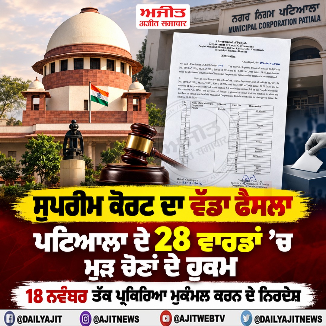ਪਟਿਆਲਾ ਦੇ 28 ਵਾਰਡਾਂ ਦੀਆਂ ਚੋਣਾਂ ਰੱਦ ਕਰਕੇ ਮੁੜ ਚੋਣਾਂ ਕਰਵਾਉਣ ਦੇ ਹੁਕਮ