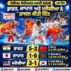 ਏਸ਼ੀਅਨ ਚੈਂਪੀਅਨਜ਼ ਟਰਾਫੀ 2026- ਦੂਜਾ ਦਿਨ, ਭਾਰਤ ਨੇ ਚੀਨ ਨੂੰ 5-2 ਨਾਲ ਹਰਾਇਆ